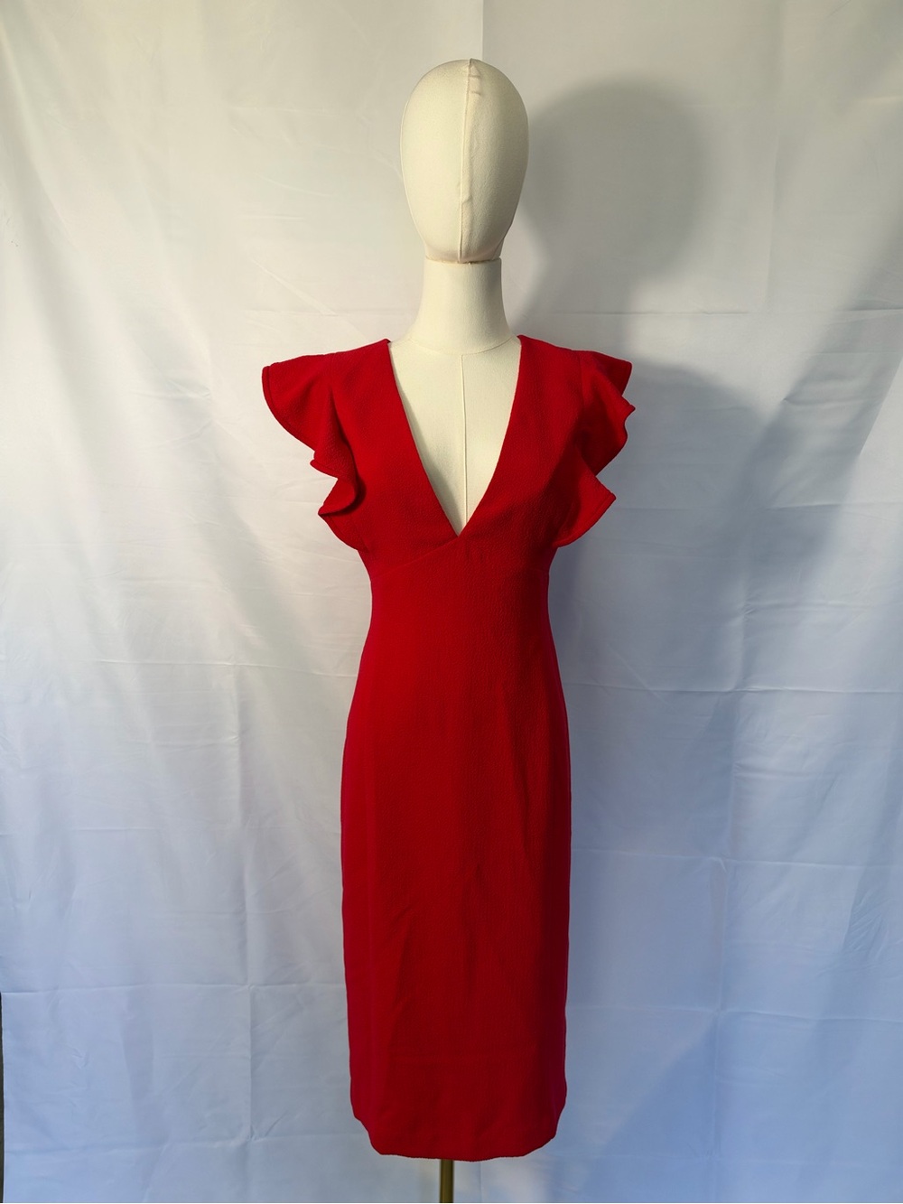 Black Halo Red V-Neck Ruffle Sleeve Midi Dress